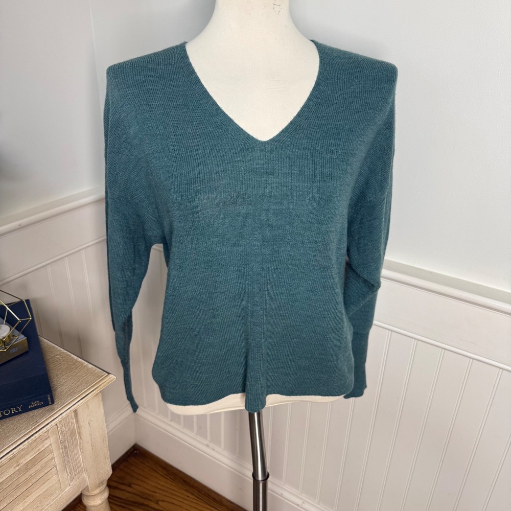 Eileen Fisher Teal 100% Merino Wool V-Neck Ribbed Boxy Sweater XXS F18IBJ